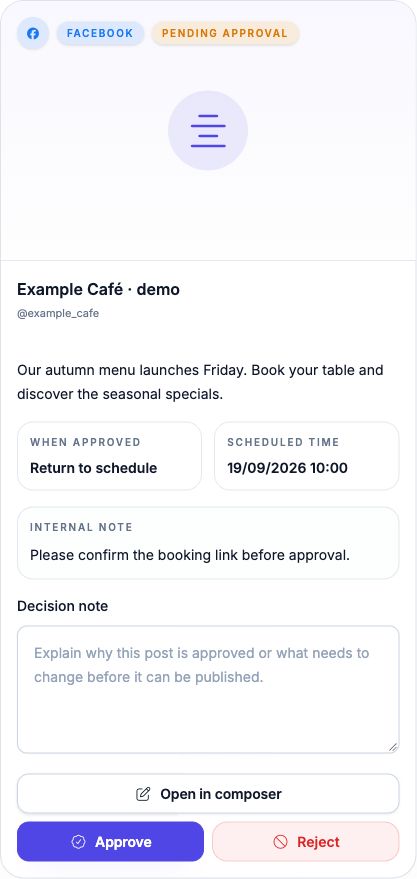 PostReply Approvals interface, rendered with demonstration content in an isolated workspace.